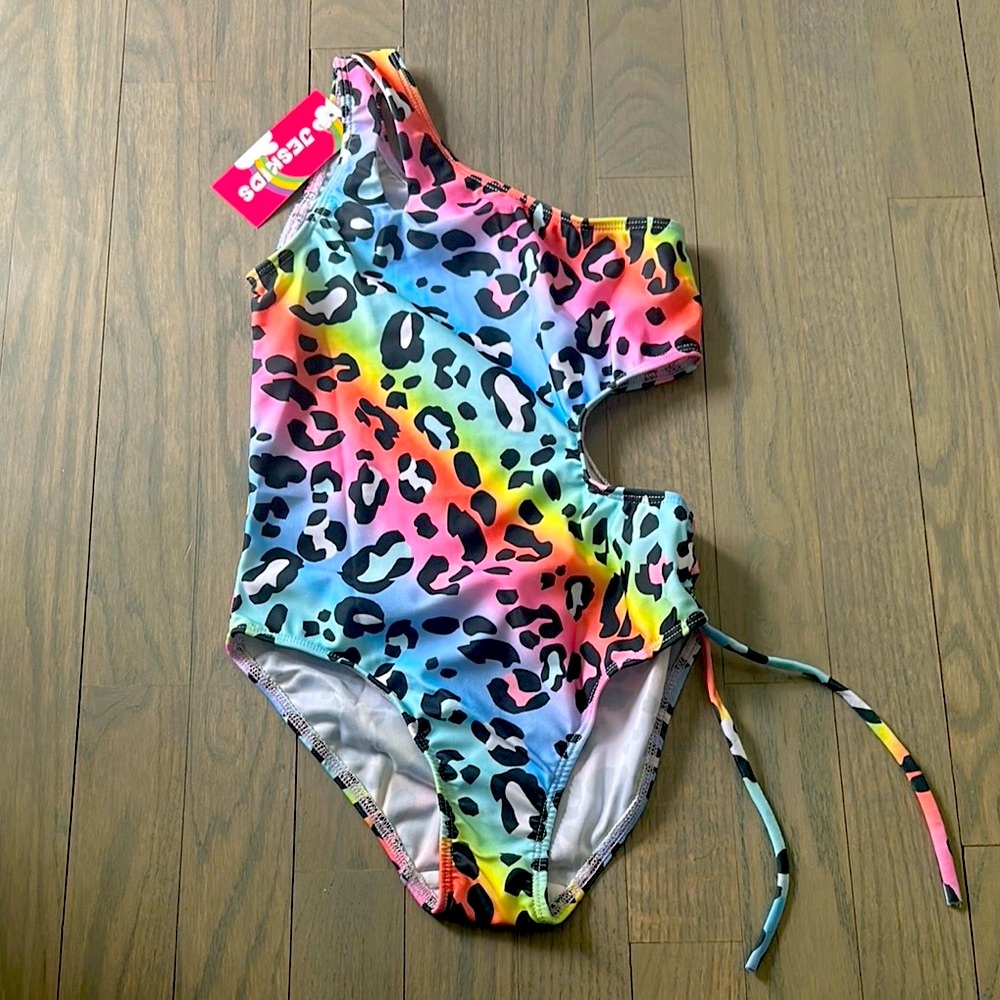 Jeskids Rainbow Leopard One-Shoulder Swimsuit Size 6/7 NWT